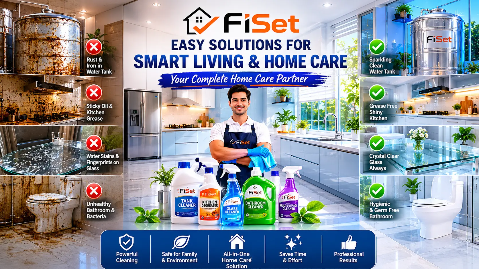 Easy Solutions for Smart Living and Home Care by FiSet Buildcare showing water tank cleaning, kitchen grease removal, glass cleaning, and bathroom hygiene solutions.
