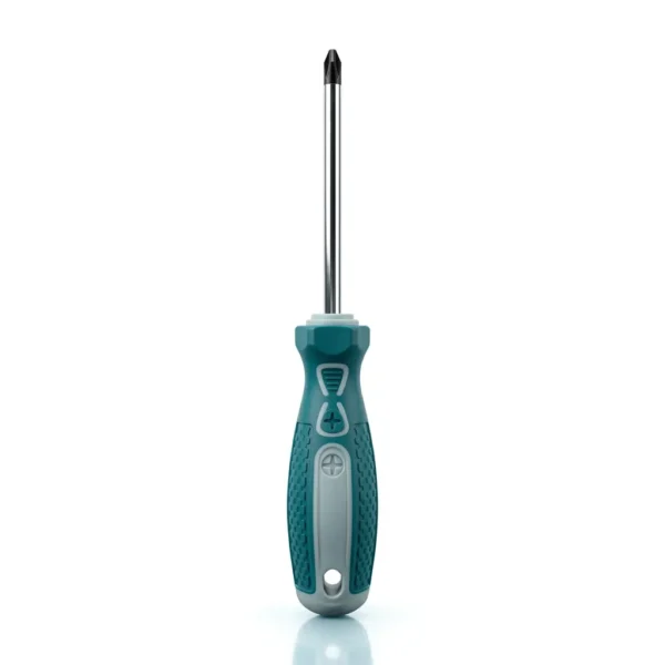 Phillips screwdriver with teal and gray ergonomic handle on white background