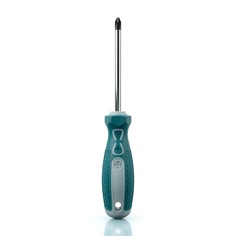 Phillips screwdriver with teal and gray ergonomic handle on white background