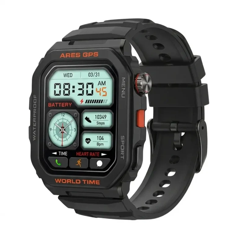 Ares GPS rugged black waterproof smartwatch with heart rate monitor and steps counter