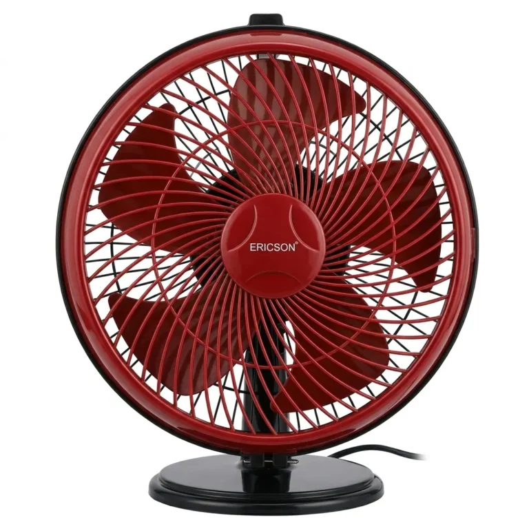 Ericson Coolmax 9 inch high speed table fan with red blades and black base