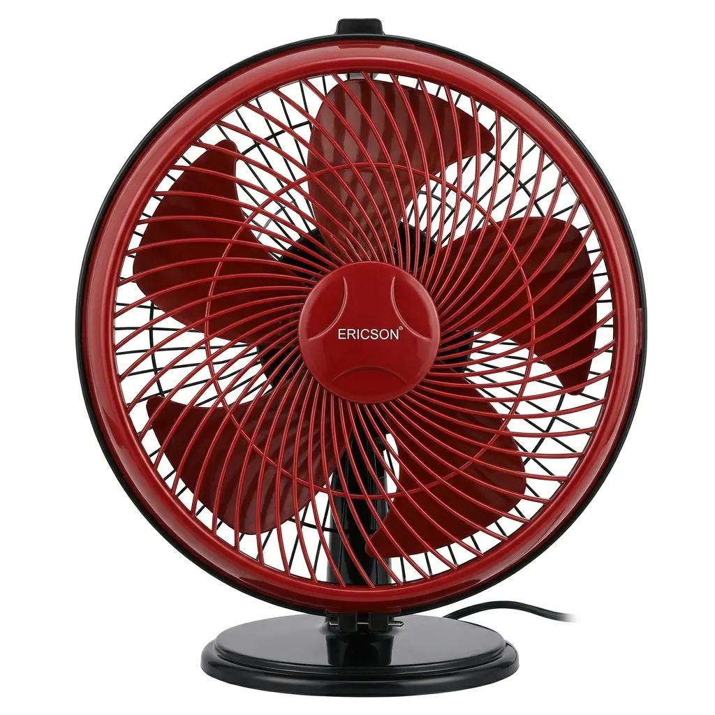 Ericson Coolmax 9 inch high speed table fan with red blades and black base