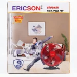 Ericson Coolmax 9 inch high speed table fan with red blades and black base