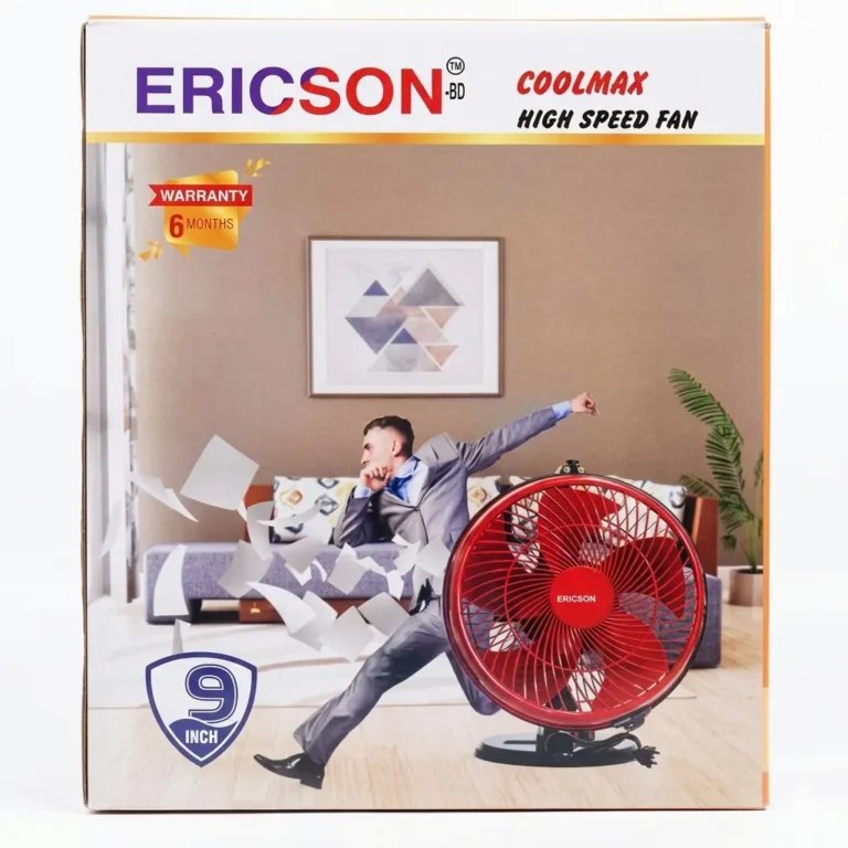 Ericson Coolmax 9 inch high speed table fan with red blades and black base
