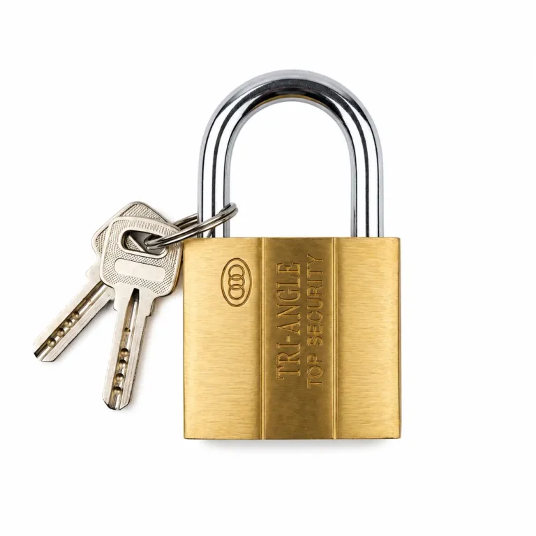 High quality brass padlock with polished finish and two metal keys, suitable for home, office, gate and locker security.