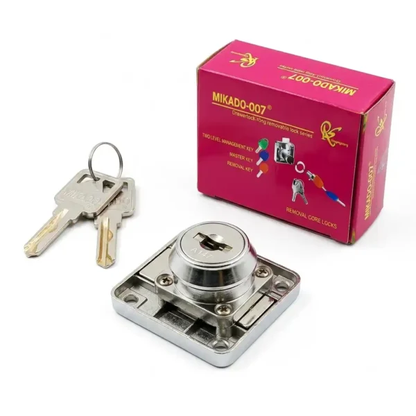 Mikado 007 removable core furniture drawer lock with keys and pink packaging box
