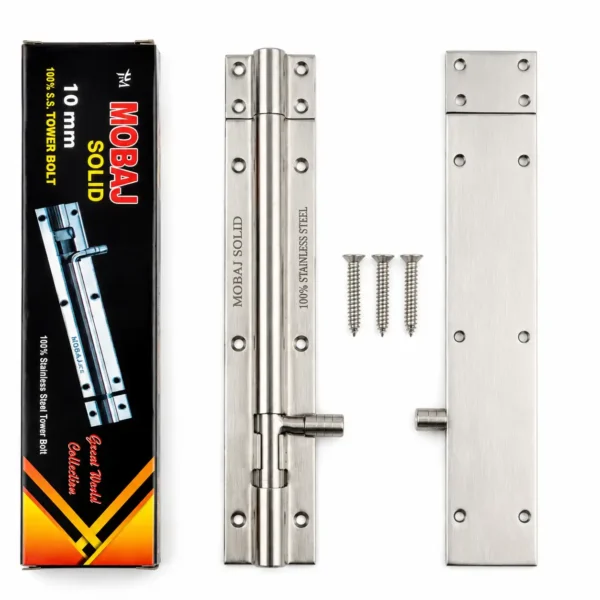 Mobaj Solid 10mm 100 percent stainless steel tower bolt with screws and packaging box