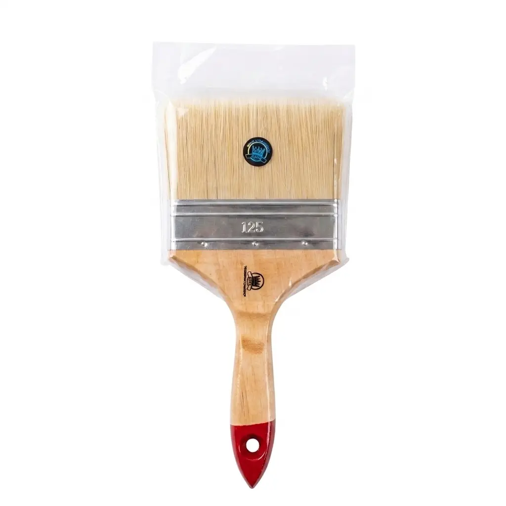 Premium 125mm wooden paint brush with protective plastic packaging for painting and cleaning